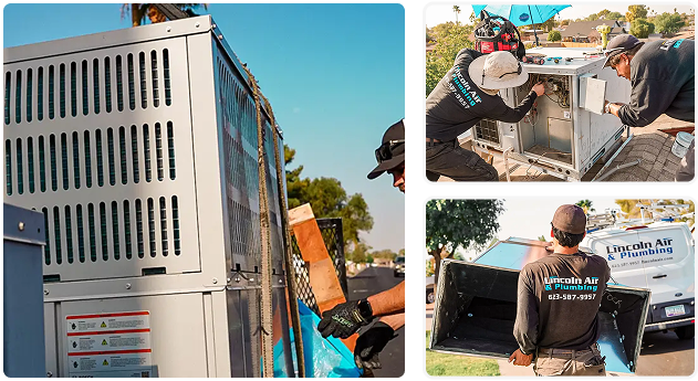 Technicians install and repair HVAC units outdoors, wearing "Lincoln Air & Plumbing" shirts, with tools and equipment visible.