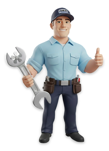 Animated male mechanic in a blue uniform holding a large wrench and giving a thumbs up, wearing a tool belt and cap.