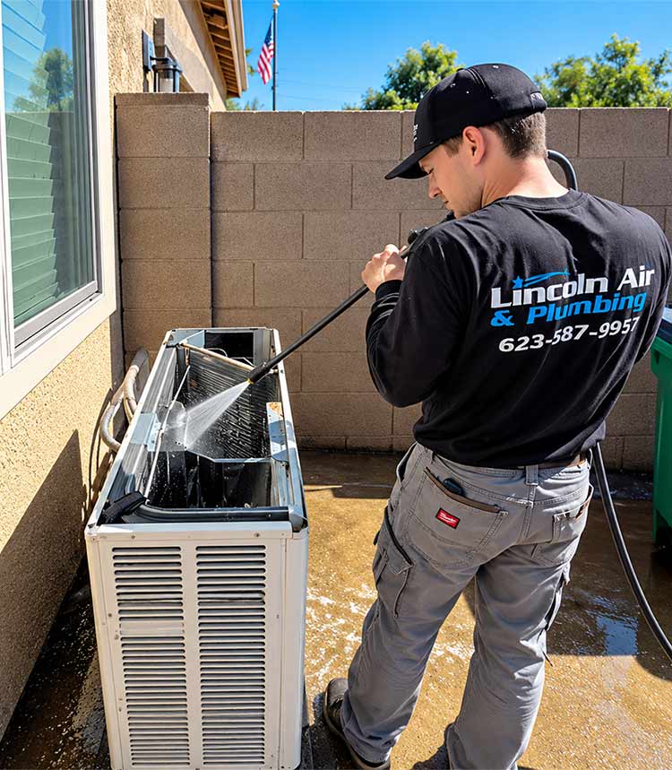Lincoln Air & Plumbing technician cleaning outdoor condenser coils during heat pump maintenance in Phoenix, AZ