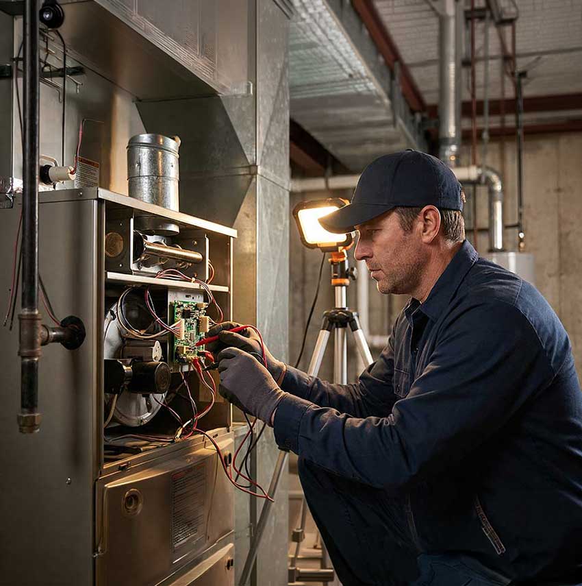 Lincoln Air and Plumbing technician repairing a furnace