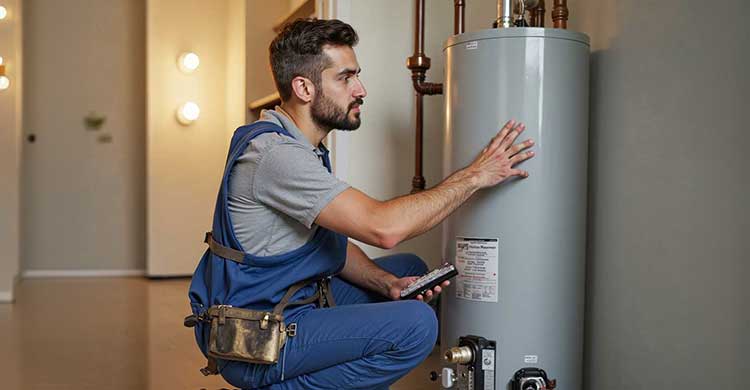 Technician is inspecting residential boiler